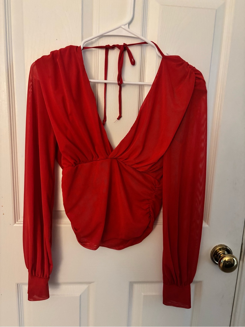 Charlotte Russe Red Deep V-Neck Long Sleeve Tie-Back Top